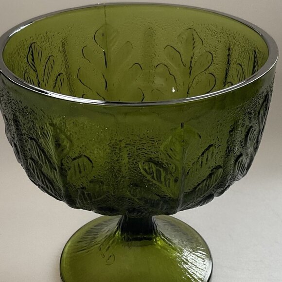 VINTAGE 1978 FTD EMBOSSED OAK LEAF GREEN GLASS CHALICE - Picture 3 of 8